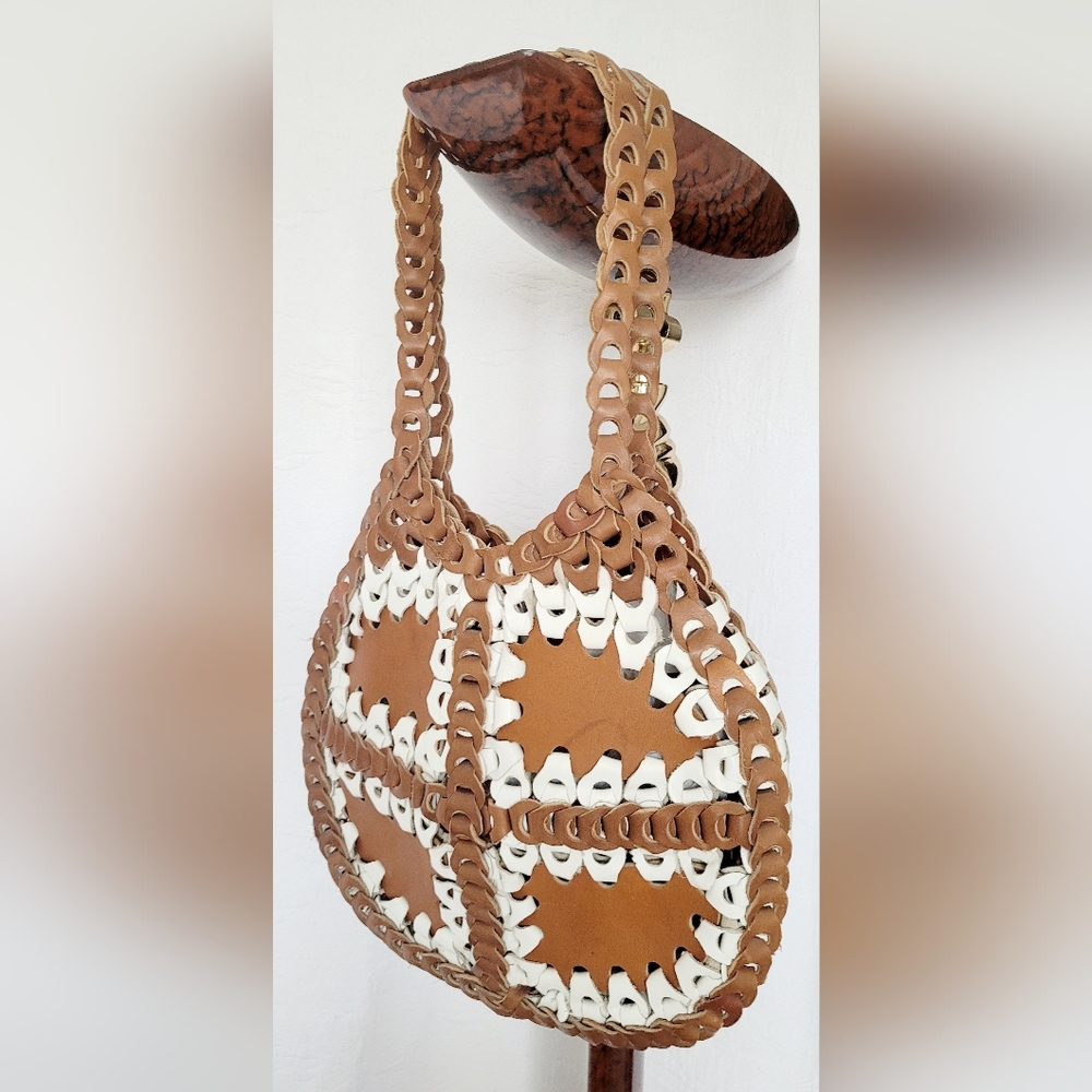 Genuine Braided Leather Boho Chic Hobo Bag Two-Tone Cognac/White - Picture 11 of 13